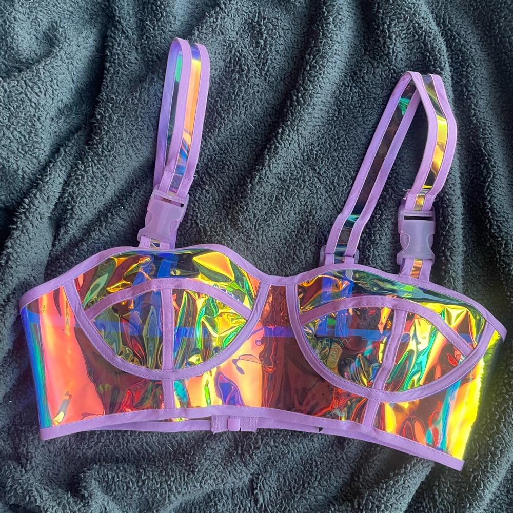 Club Exx Holographic Iridescent Bustier Top with Lavender Trim
